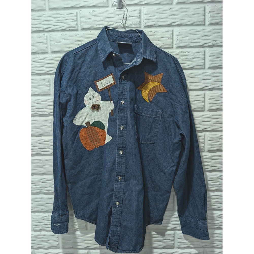 Crystal Springs Vintage Halloween Denim Shirt Ghost Pumpkin Star Moon USA Small